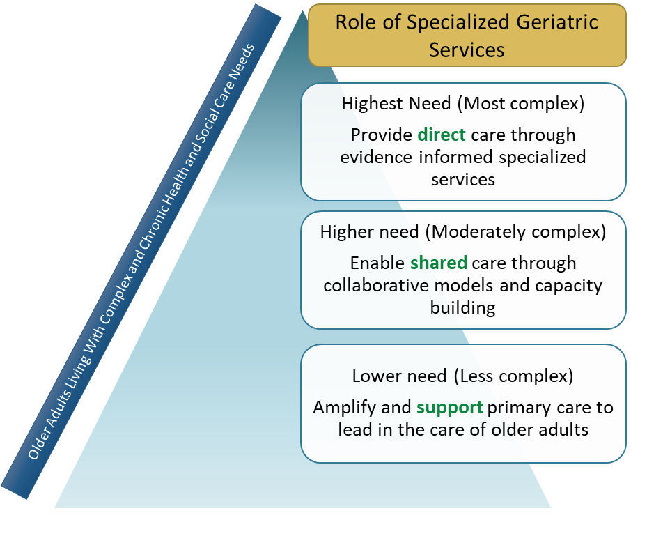 A chart describing the Role of Specialized Geriatric Services as described in the paragraph below. A chart describing the Role of Specialized Geriatric Services as described in the paragraph below.